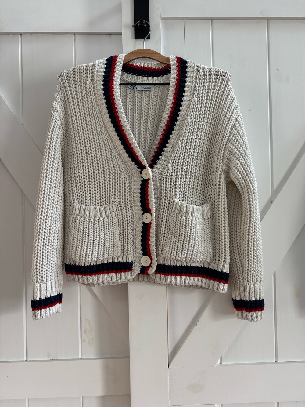 Zara Americana Chunky Knit Cream Cardigan Varsity Stripe Sweater - Picture 3 of 7